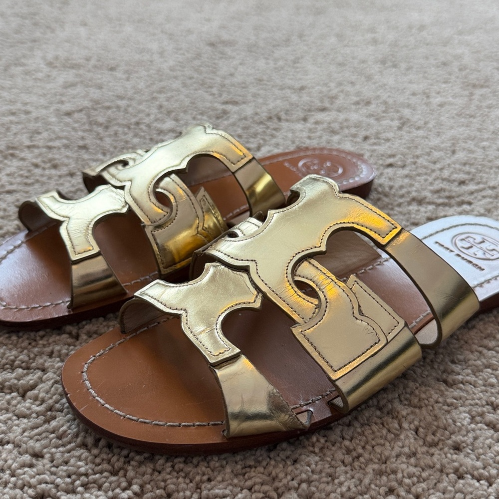 Tory Burch Anchor T Metallic Gold Slide Sandals - Picture 10 of 11